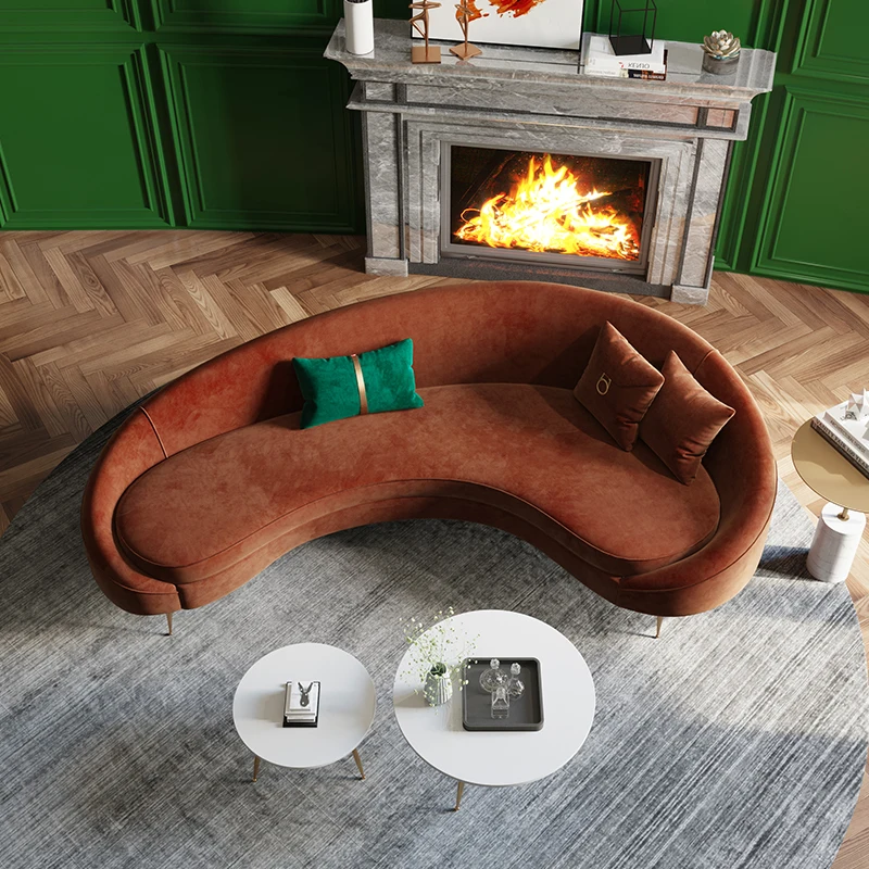 Modern round velvet European couches lounge modular sofa lobby furniture sofa  curved velvet orange wedding sofas