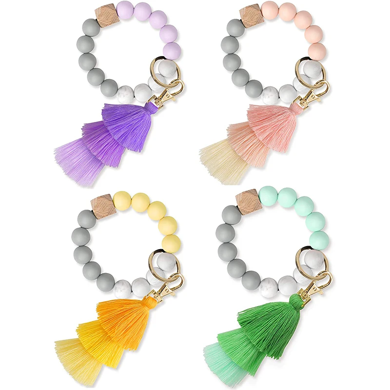 2021 Stock Personalized Monogrammed Food Grade Silicone Elastic Beaded Keychain Tassel Wooden Beads Wristlet Keychain For Women