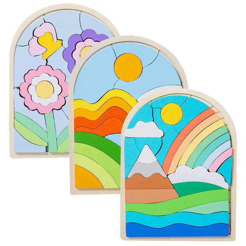 CPC Newest Wooden Flower Rainbow 3D Jigsaw Puzzle Block Baby Early Educational Cartoon Matching Hands-on Skill Wooden Puzzle Toy