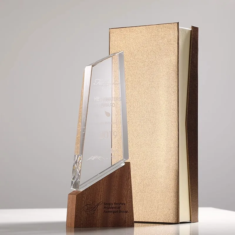 Personalized Plaque Crystal Trophy With Wooden Base