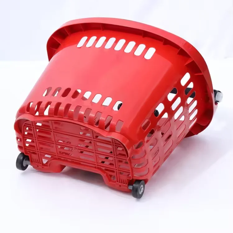 Large Capacity Plastic Rolling Shopping Basket Supermarket Basket Cart with 2 Wheels