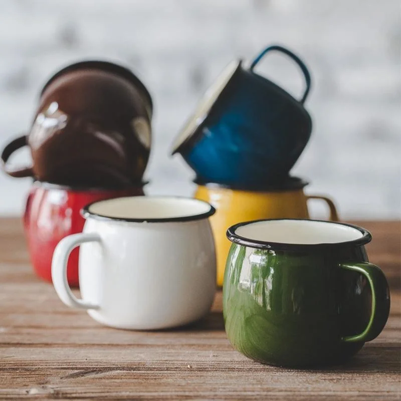 350ml 500ml custom logo printed hotel water tea coffee drinking bellied shape white green orange color enamel belly mugs