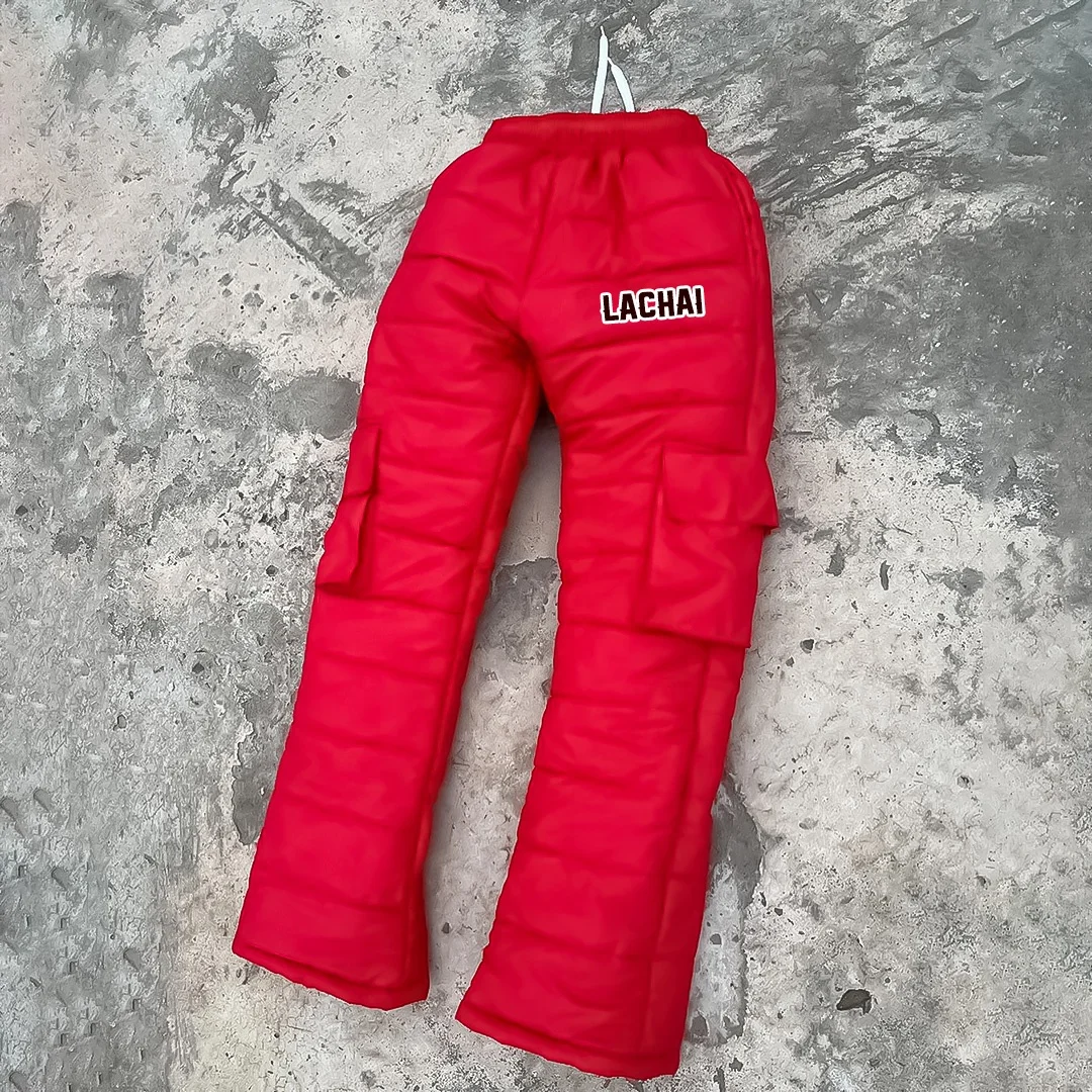 2024 New Winter Fluffy Winter Down Warm Thick Cotton Pants with Pockets Chenille Embroidery Logo Windproof Pants