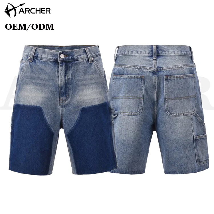 Archer Vintage Washed 100%cotton Denim Cargo Shorts Custom logo Print Double Knee Jean Shorts Casual Baggy Fit Jorts for Men