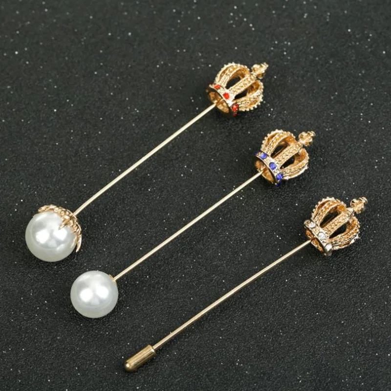 new arrival pearl crown shape alloy long needle business party brooch lapel pins for women