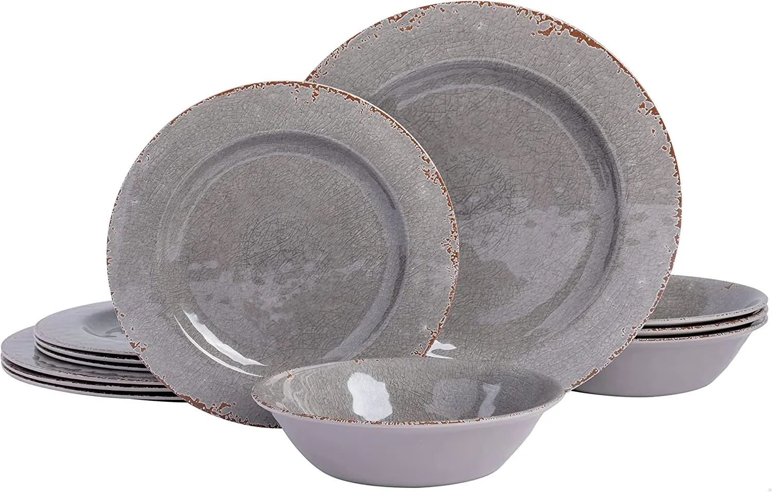 Melamine Plates Set Big Size Salad Plates Unbreakable Serving Dishes Great for Indoor and Outdoor Use Gray plate with crackle