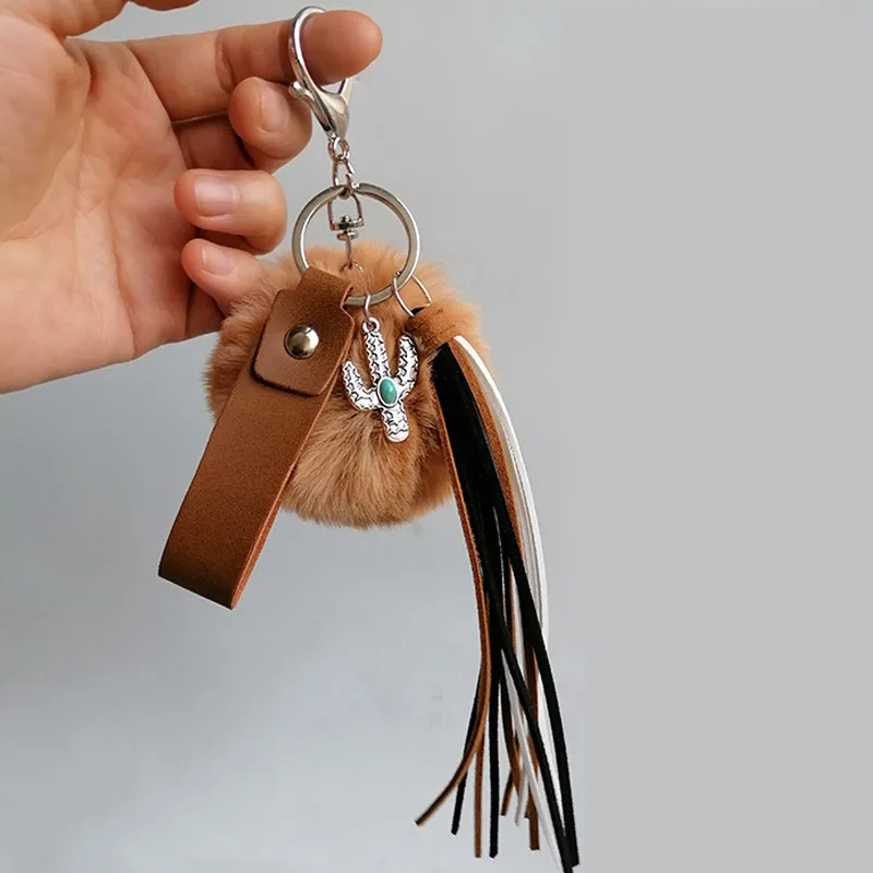 2022 Western Style keychain Vintage Cactus Turquoise Leather Tassel Fashion Bag Pendant Accessories Keychain For Women And Men