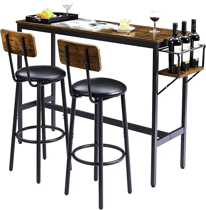 Bar Table and Chairs With Collapsible Bottle Holder for Kitchen Apartment Small Space