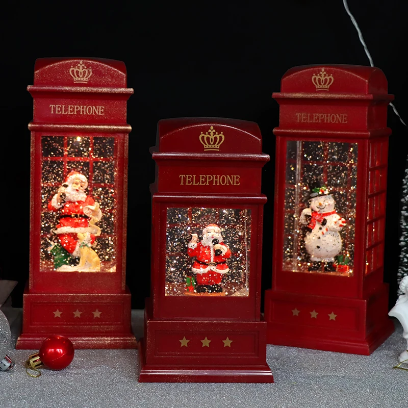 Phone Booth Swirling LED  Water Glittering Musical Battery Operated Festival Ornament for Christmas snowman and santa claus
