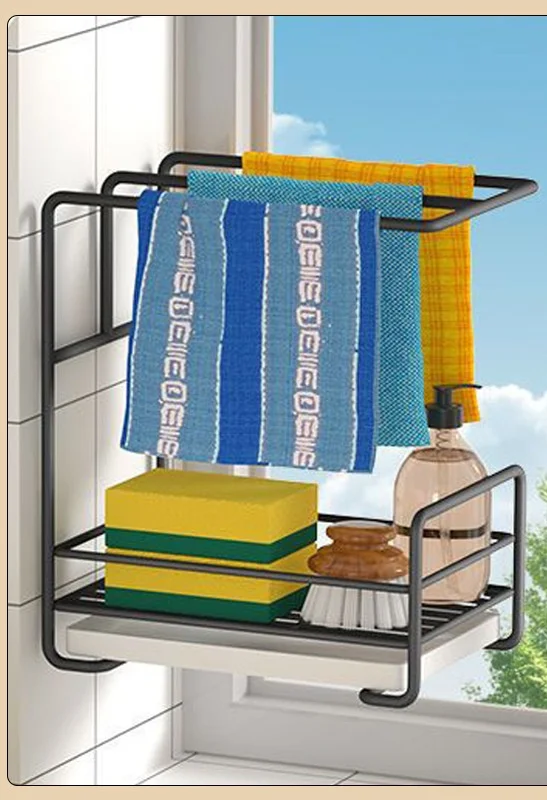 Sponge Drainer Rack Stainless Steel Sink Holder No-punch Wall Mounted Countertop Dishcloths Holder Storage Bracket