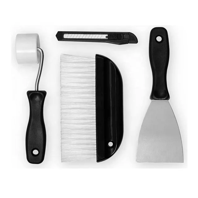 4 PC Wallpaper Hanging Tool Wallcovering Tool Kit with Hanging Brush Stripping Scraper Seam Roller and Snap-off Craft Tool
