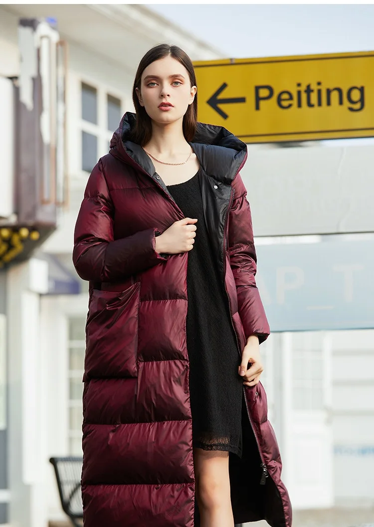 High-End Hooded White Goose Down Jacket Women Ultralight White Goose Down Long Coat High Quality Warm White Duck Down Parka