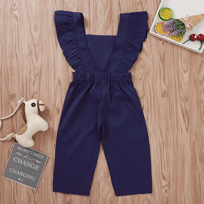 Wholesale Cheap 1-5 Years Old Kid Clothes Flying Sleeve Lotus Fold Solid Color Strap Girl Fashion Jumpsuit