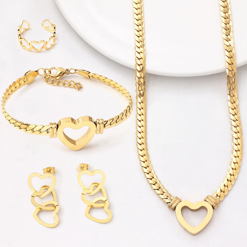 Brand Necklace Jewelry Sets 18K Gold Plated Geometric Chain Collar Heart Necklace Loveliness Jewelry Gift Acero Inoxidable