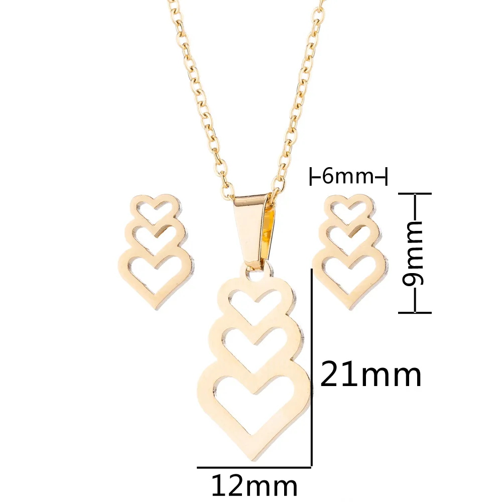 New Fashion Trend Heart-to-Heart Set Necklace Stainless Steel Heart-shaped Necklace Earrings Three-piece Jewelry Set