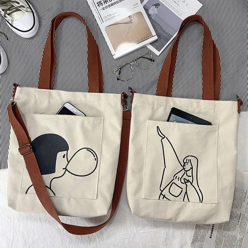 Customize Women Shoulder Crossbody Reusable Shopping Bag Cotton Custom Canvas Tote Bags with Custom Printed Logo Zipper