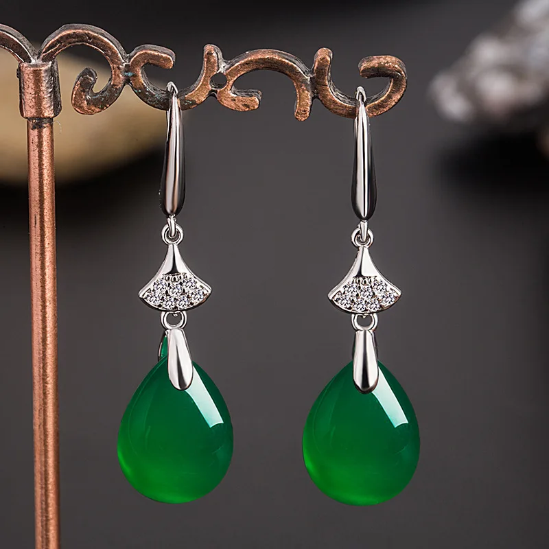 Green Chalcedony Eardrop Classical Ethnic Style Jewelry Chinese Style Hanfu Synthetic Hetian Jade Long Earrings