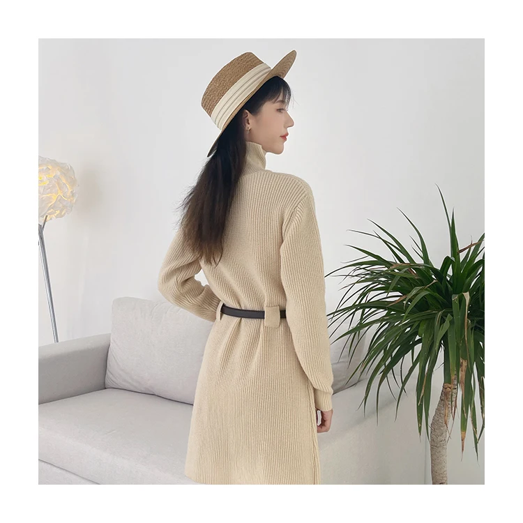 
Pure Color Turtleneck Long Sleeve Knitted Winter Dresses Women Long Sleeve with belt 2020 