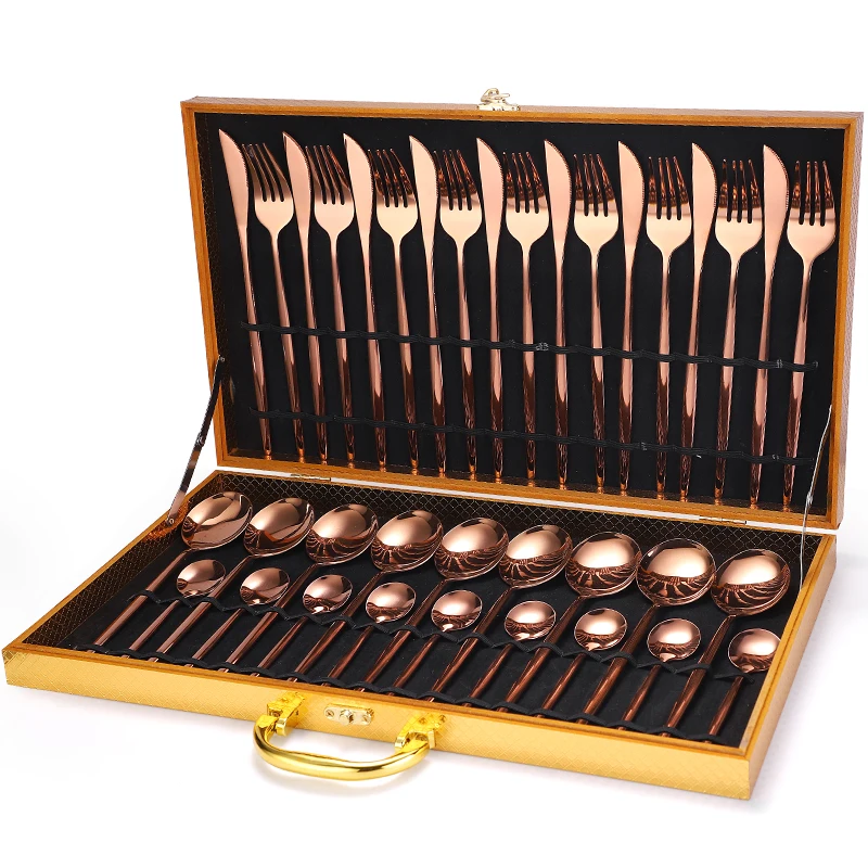 Wooden Box Spoon Fork Knife Besteck 36pcs Stainless Steel Flatware Cutlery Set