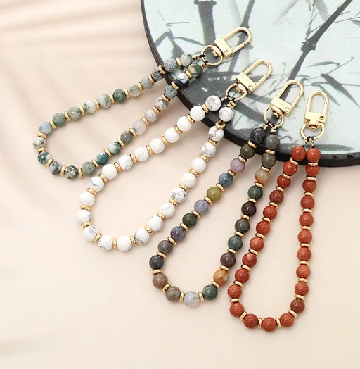 Natural Crystal Stone Beaded Mobile Phone Chains Amethyst Powder Obsidian Phone  Lanyard Wrist Strap Keychain