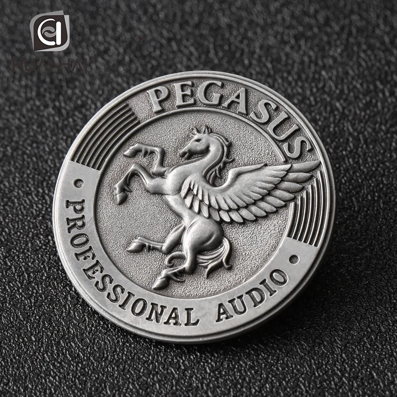 custom antique silver embossed 3D logo horse pin brooch