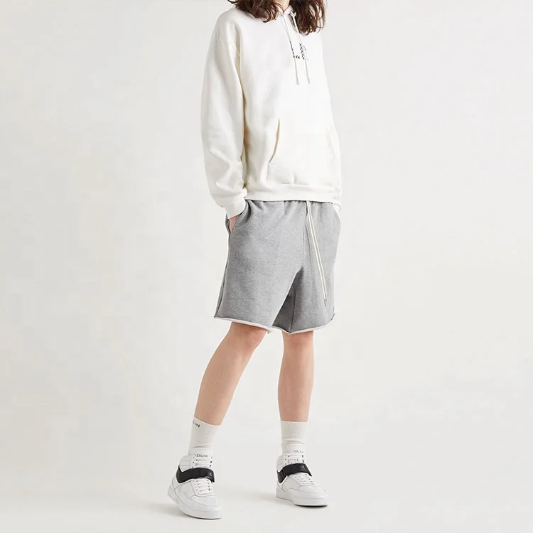 Custom Stone Washed Vintage Athletic Gym Shorts Hemp Raw Edge Rolling Up Terry Fleece Cotton Sweat Jogger Shorts for Men