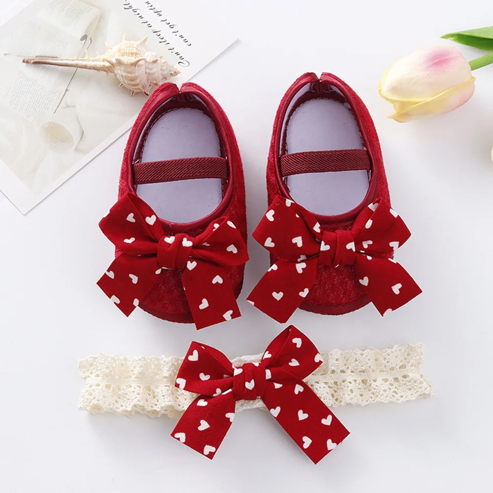 Baby Baptism Shoes and Headband Set Soft Sole Flats and Hairband 2 Piece Set for Infant Baby Girls