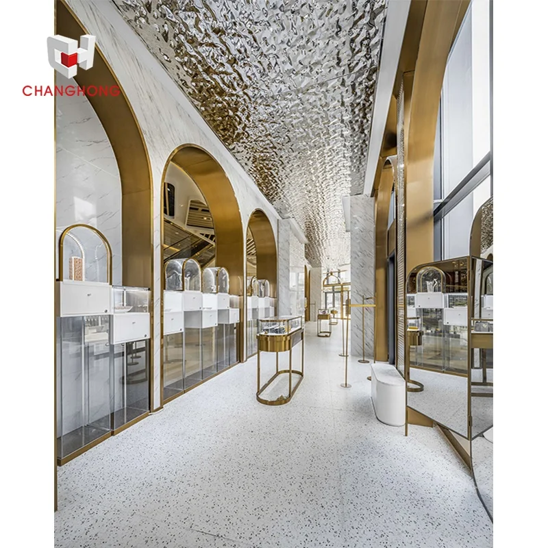 Luxury Metal Shop Fittings With LED For Gold Shop Retail Store Cabinet Display Table Glass Display Case Jewelry Display Showcase