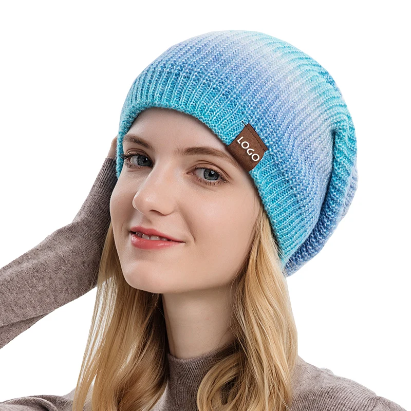 Autumn Winter New Knitted Hat Fashion Gradient Color Tie Dye Warm Hat Casual Rainbow Woolen Hat Woman