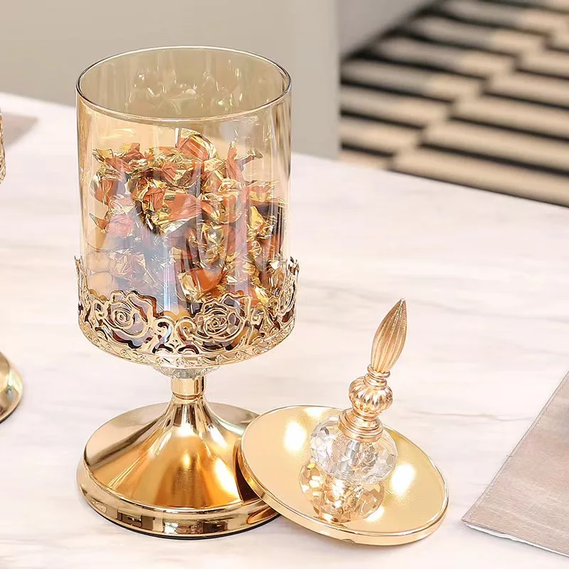 French Luxury Crystal Candy Container Living Room Food Storage Clear Glass Jar with Lid Flower Edge