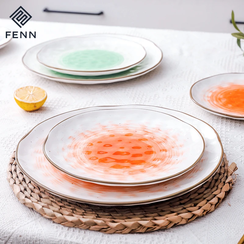 Christmas porcelain plates customizable hand-painted colorful glazed irregular surface ceramic dinner plate sets for restaurant