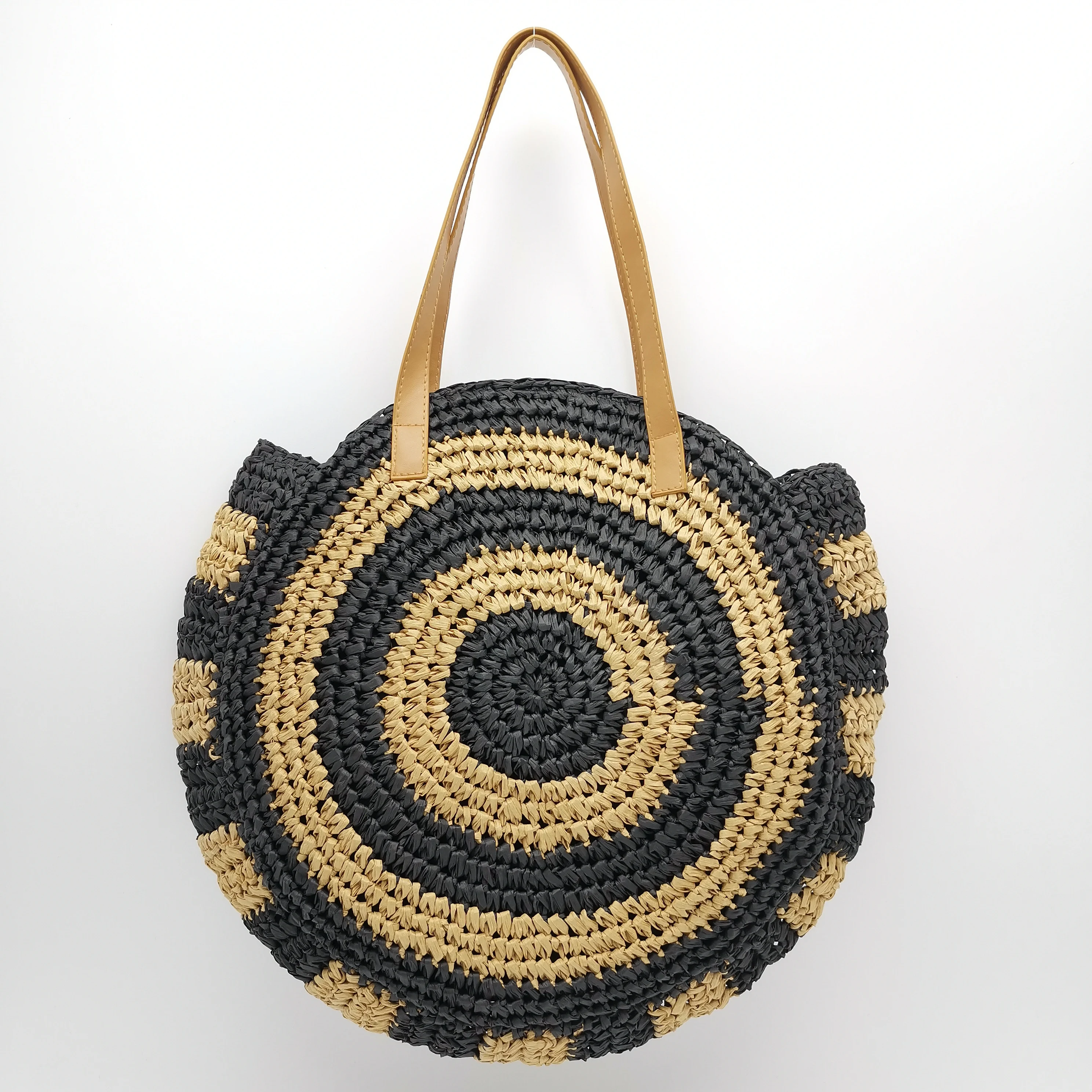Green Women Handwoven Round Straw Bags Large Summer Beach Tote Shoulder Crochet Bag