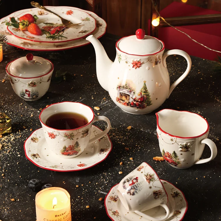 Snow embossed red rim decorative ceramic tableware plates and bowls dinner sets luxury porcelain christmas dinnerware set