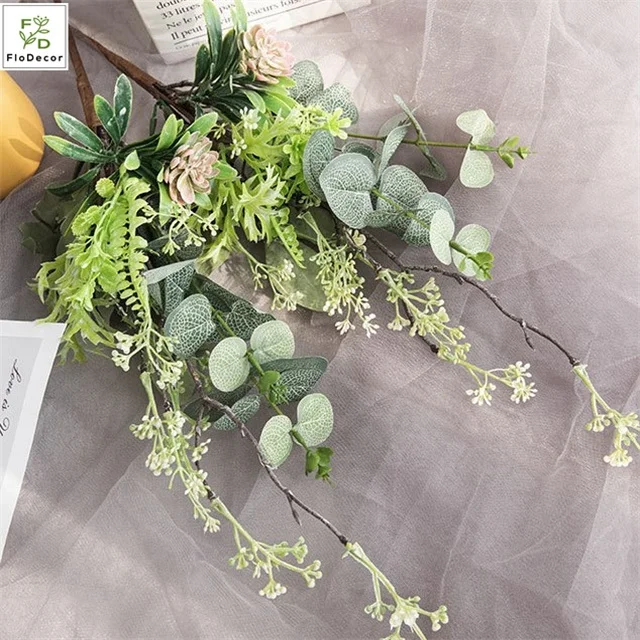 Wholesale Hot Sale Artificial Herbal Leaves Stem Branch Plastic Leaves Green Foliage For Flower Arranging Frosted