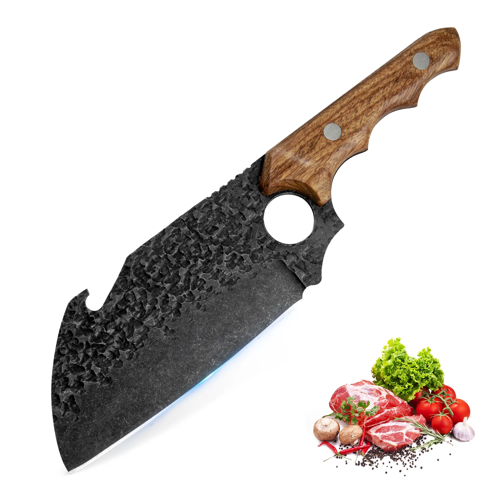 Hand Froged Hammered Butcher Knife Stainless Steel Kitchen Full Tang Knife Outdoor Cutting Tools