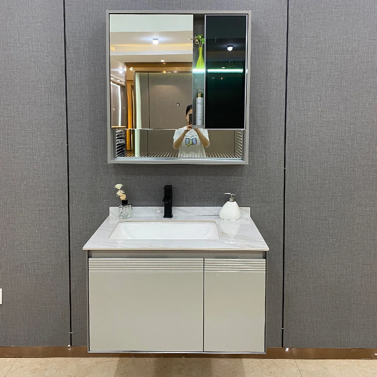 Top Grade Wholesale Wall Mounted White High Glossy painting PVC Ceramic Basin Bathroom Vanity with Mirror