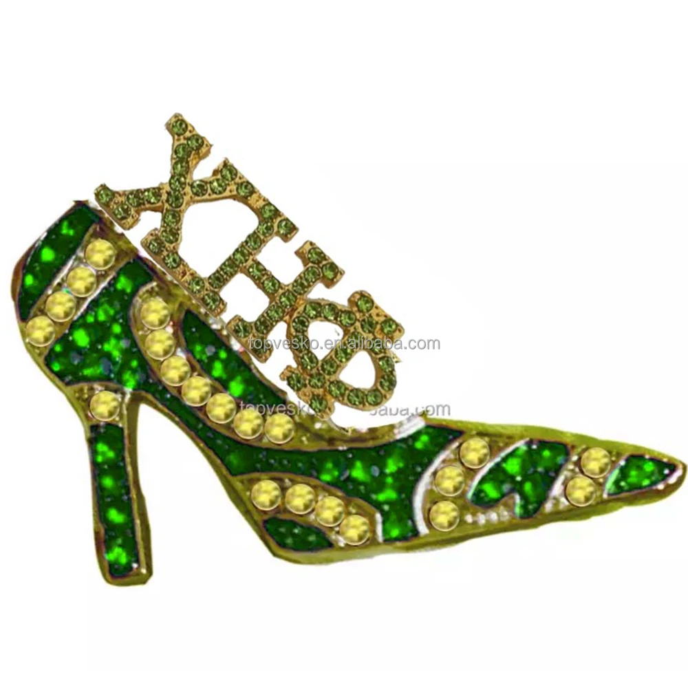 Greek Sorority Yellow and Green Rhinestone High Heel Shoe Brooches Chi Eta Phi Lady Pins Paraphernalia Jewelry