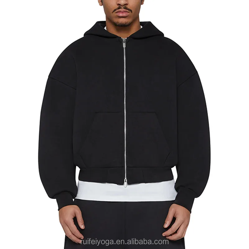 Custom Logo High Quality Streetwear Luxury 600 GSM Heavyweight French Terry Cotton Oversized Men Boxy Fit Cropped Zip Up Hoodie