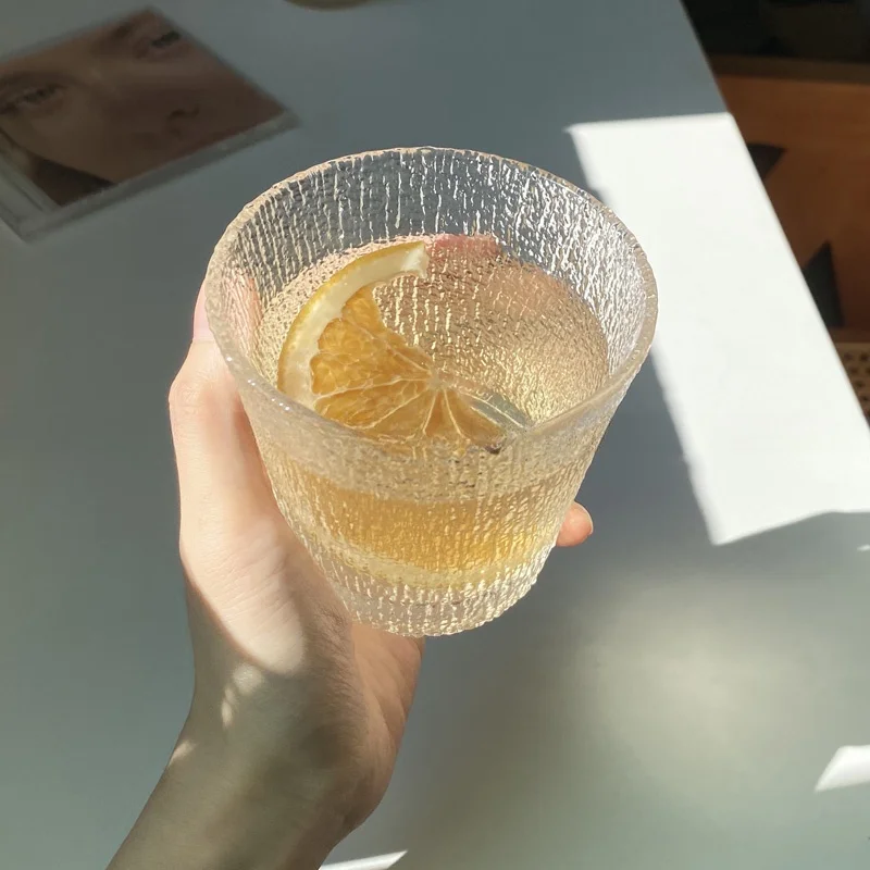 Vintage Thick Striped Glass Cup for Coffee Latte Tea Cold Drinks Whiskey Tree Patterned Juice Cup