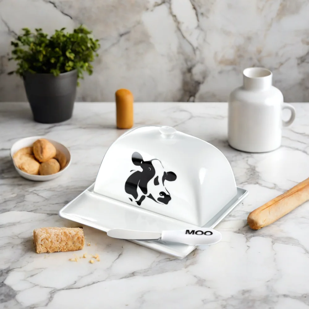 White Porcelain Butter Plate Tray Keeper Rectangle Ceramic Covered Butter Dish Holder With Lid Kitchen Set
