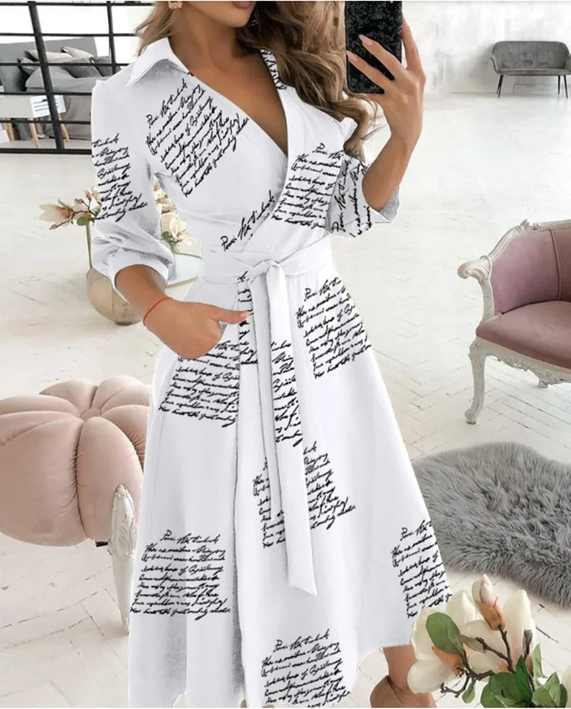 2022 Women casual offical dress high quality printing long sleeve maxi dress with pocket