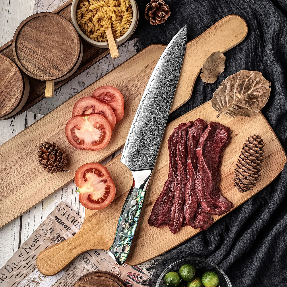 AUS10 Japanese Damascus Kitchen Knife 67 Layers High Carbon Damascus steel chef knife with abalone shell handle