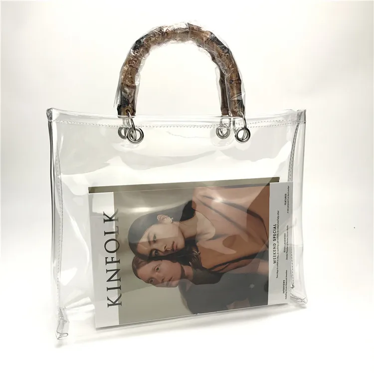 
Personalized Plastic Clear PVC Trendy Lady Handbags with bamboo handle Shoulder beach bag tote bag 