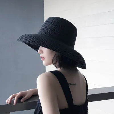 Fashion Elegant Ladies Spring Summer Beach Uv Sun Hat Handmade Hepburn Style Big Wide Brim Flat Straw Bucket Hats Sombrero Women
