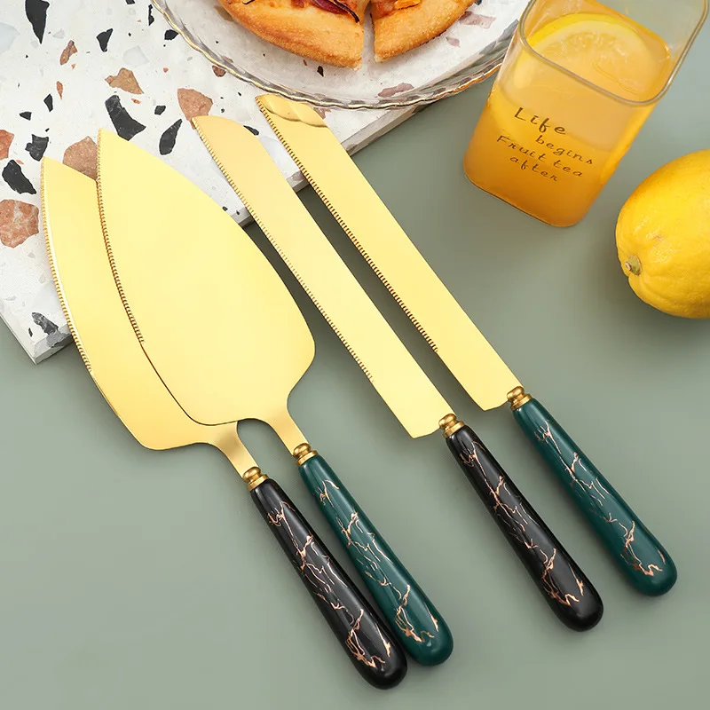 2 Pcs Set Gold Plated Stainless Steel Cake Shovel Server and Knife Set with Ceramic Handle in Gift Box