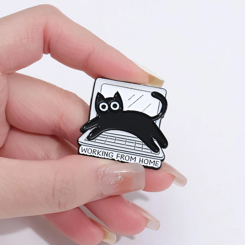 Black Cat Enamel Pins Custom THINK BEFORE YOU CLICK Brooches Lapel Badges WORKING FROM HOME Funny Jewelry Gift for Friends