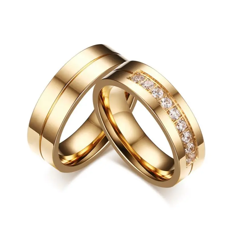 Simplicity Wedding Rings Gold Plated Stainless Steel Ring Inlay Zircon Couple Engagement Ring