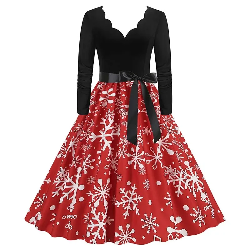 Women Christmas Dress Winter Vintage Long Sleeve V Neck Print Evening Party Xmas New Year Prom Dress