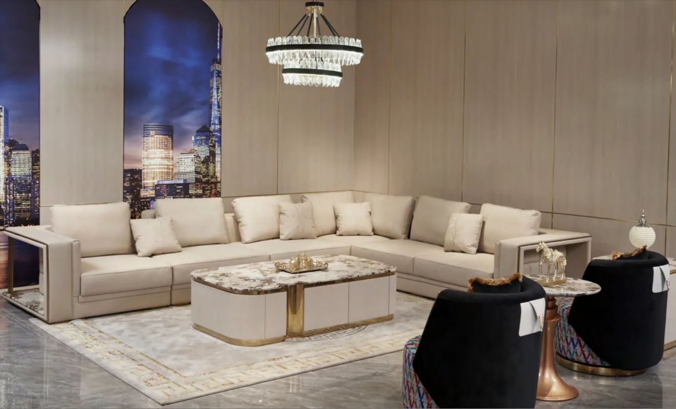 Modern European Design Luxury Italian Villa Sectional Sofa Set Genuine Leather Chesterfield Style Bed Home Living Living Room