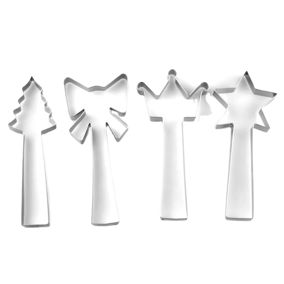 Stainless steel tree star crown shape new design 4pcs christmas long handle cookie mold cutter set